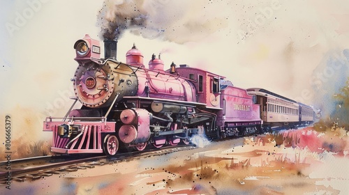Craft a traditional watercolor painting of a dainty pink steam train from the side, featuring soft blending of colors to bring out the elegance and grace of this classic locomotive