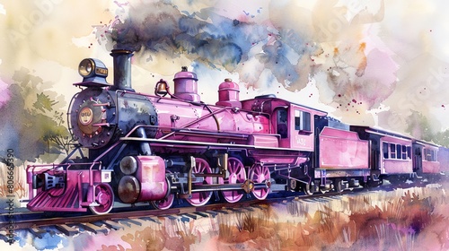 Craft a traditional watercolor painting of a dainty pink steam train from the side, featuring soft blending of colors to bring out the elegance and grace of this classic locomotive