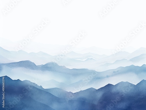 Indigo tones watercolor mountain range on white background with copy space display products blank copyspace for design text photo website web banner 