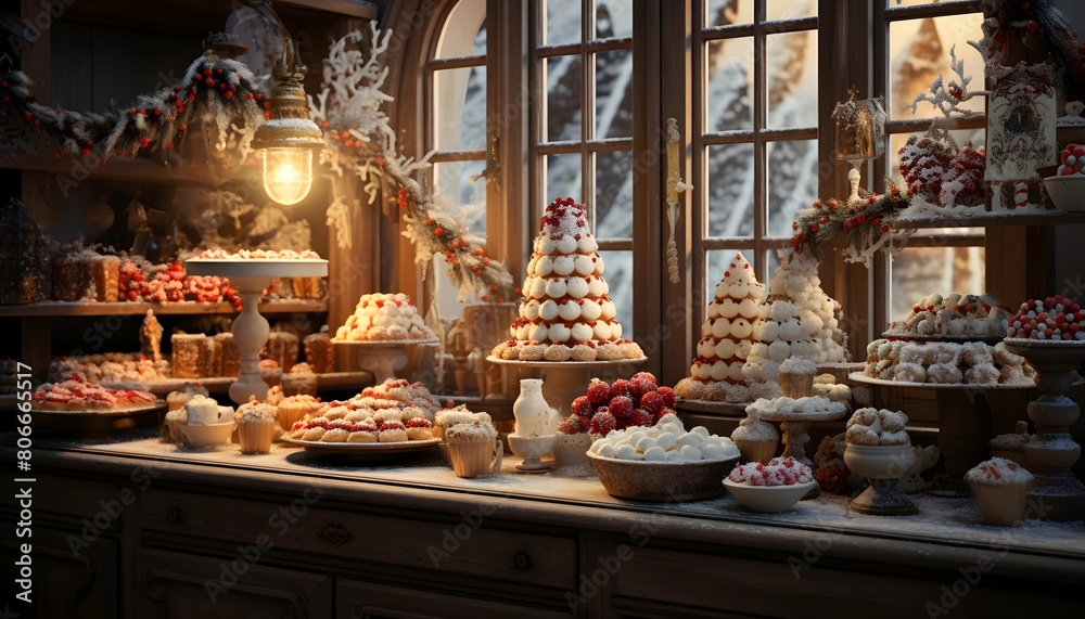Candy bar with sweets and candies on the background of the window