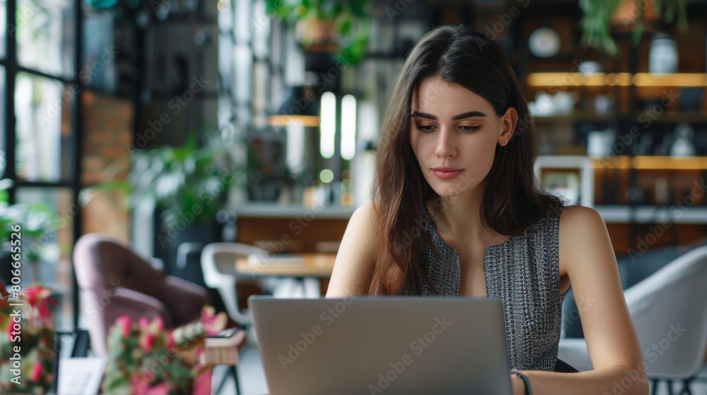Portrait of a beautiful caucasian american business woman wearing summer outfit clothing using laptop in a modern workspace Portrait of a beautiful caucasian american business woman wearing summer outfit clothing using laptop in a modern workspace