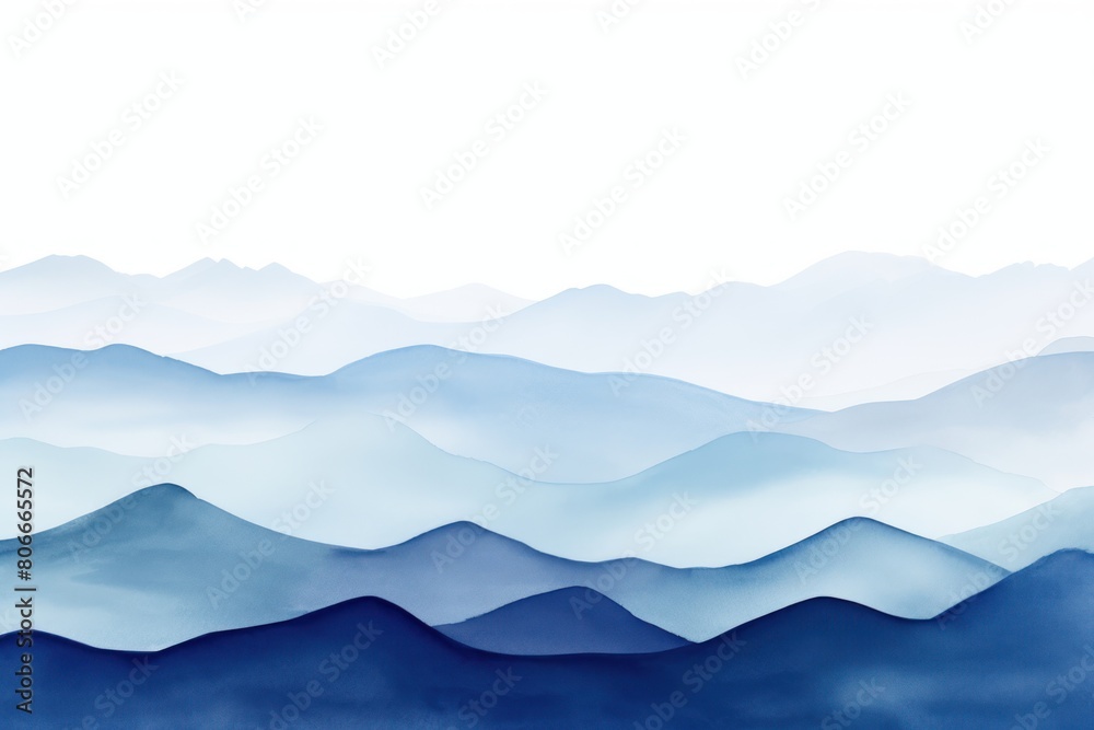 Indigo tones watercolor mountain range on white background with copy space display products blank copyspace for design text photo website web banner 