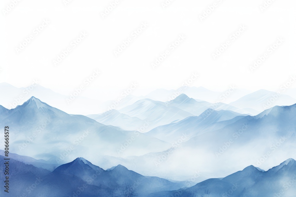 Indigo tones watercolor mountain range on white background with copy space display products blank copyspace for design text photo website web banner 