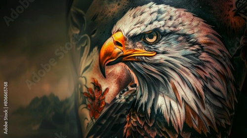 Vivid eagle tattoo representing freedom and spirituality, showcased on arm skin, clear isolated backdrop to enhance every detail © Paul