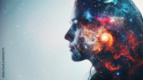 Portrait of a beautiful thinking woman letting see the space and galaxies as reflection of mental health of the person