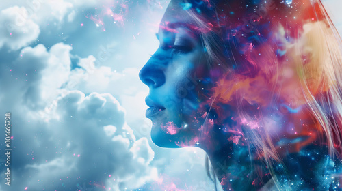 Portrait of a beautiful thinking woman letting see the space and galaxies as reflection of mental health of the person