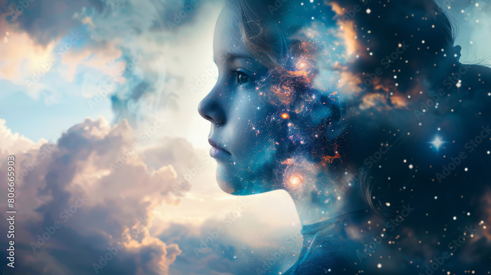 Portrait of a beautiful thinking young girl kid letting see the space and galaxies as reflection of mental health of the child