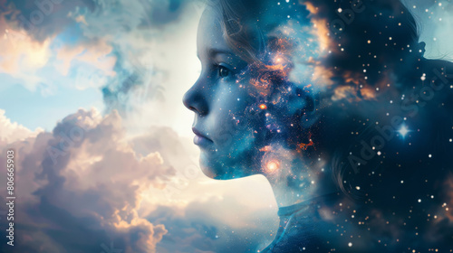 Portrait of a beautiful thinking young girl kid letting see the space and galaxies as reflection of mental health of the child