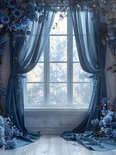 Elegant Dusty Blue Silk with Floral Digital Backdrop for Photography and Art