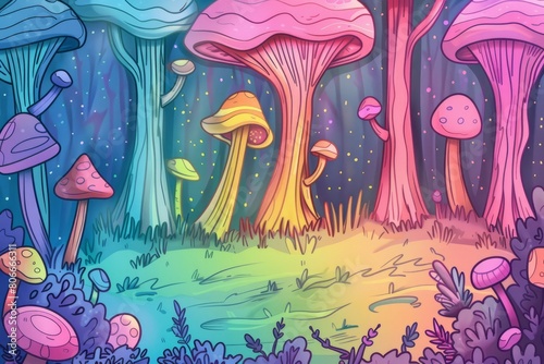 Cartoon cute doodles of enchanted forests filled with rainbow-colored trees and glowing mushrooms  Generative AI