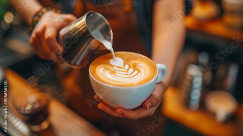 Barista Pouring Milk Creating Latte Art. Close-up of a barista pouring milk to create intricate latte art in a coffee shop