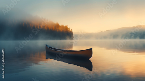 Fototapeta Naklejka Na Ścianę i Meble -  Serene Morning with Canoe on Misty Lake. A lone canoe floats on a calm, misty lake at sunrise, surrounded by a tranquil, foggy forest landscape.