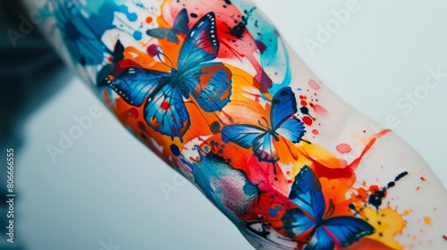 Vibrant watercolor tattoo close-up showcasing an abstract design with vivid splashes and brushstroke effects, featuring elements like butterflies, on an isolated background photo