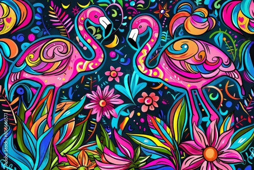 Cartoon cute doodles of funky flamingos strutting their stuff amidst a kaleidoscope of colorful feathers, Generative AI