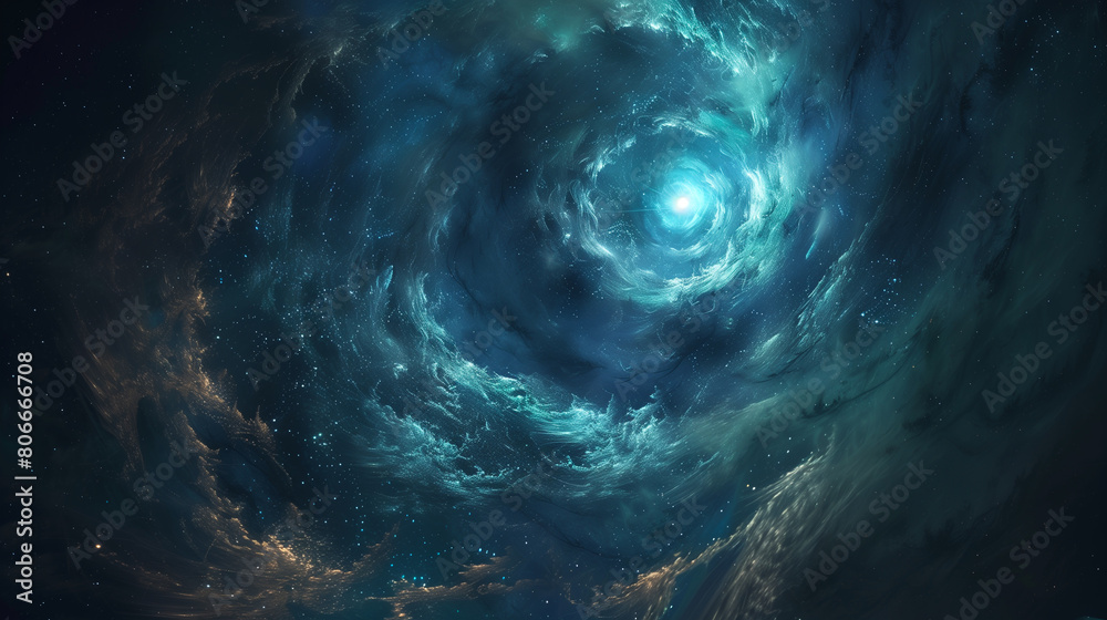 Majestic Spiral Galaxy in Deep Space. A breathtaking digital portrayal of a spiral galaxy swirling in the vastness of deep space, filled with stars and cosmic dust.