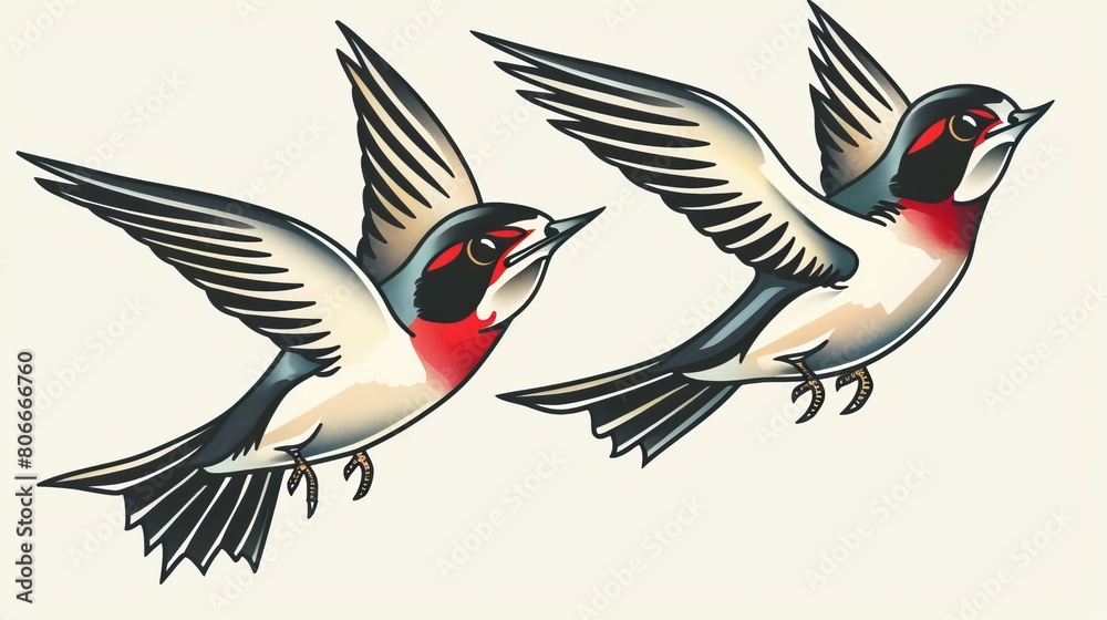 Naklejka premium Vibrant traditional tattoos featuring swallows with bold black outlines and solid colors, classic American tattoo style, on an isolated background