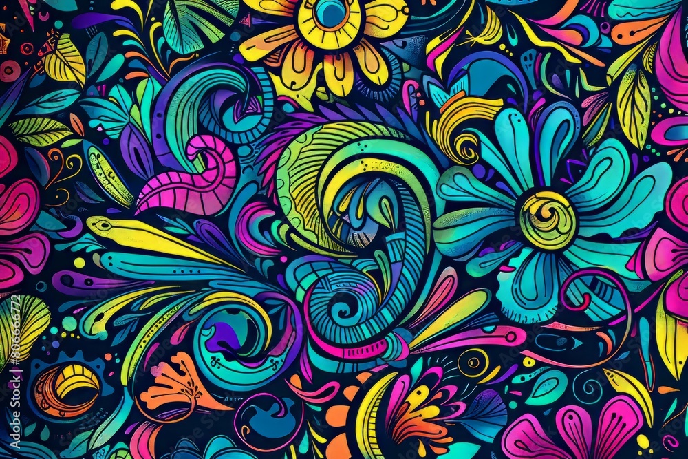Cartoon cute doodles of neon-colored spirals intertwining with psychedelic flowers in a kaleidoscopic, Generative AI