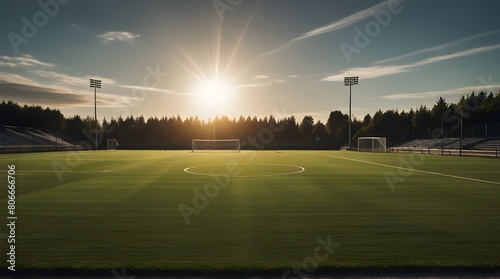 A Soccer Field With a bright sun shining on the grass