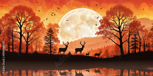 A serene forest scene during autumn with rolling hills in multiple layers, creating depth. Silhouetted deer stand on different layers of the hills, with a large, bright moon or sun in the sky surround