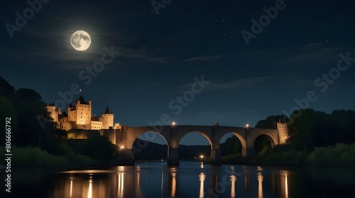 A castle with a bridge over water under a full moon