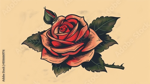 Vibrant old-school tattoo design showcasing a rose, complete with bold, thick outlines and flat color application, set against an isolated backdrop