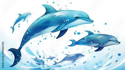 A vector representation of a pod of dolphins swimming.