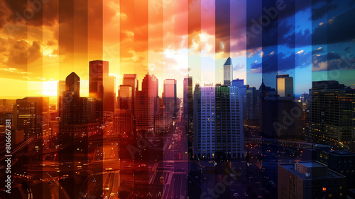 Time-Lapse Cityscape from Day to Night. Artistic time-lapse view of a bustling cityscape transitioning from day to night with a vivid color gradient sky.