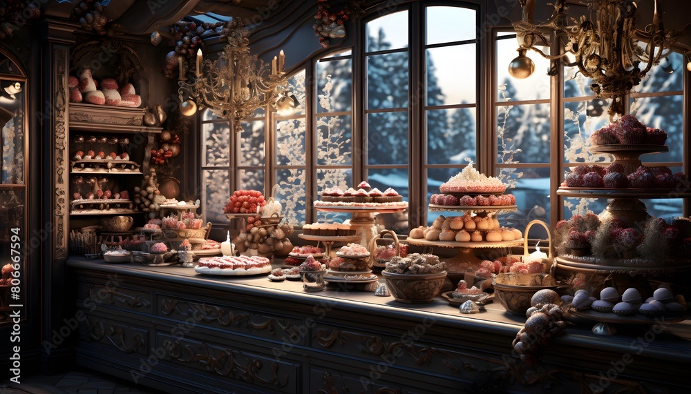 Luxury sweets and pastries on display in a shop window