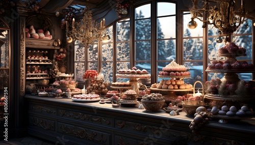 Luxury sweets and pastries on display in a shop window