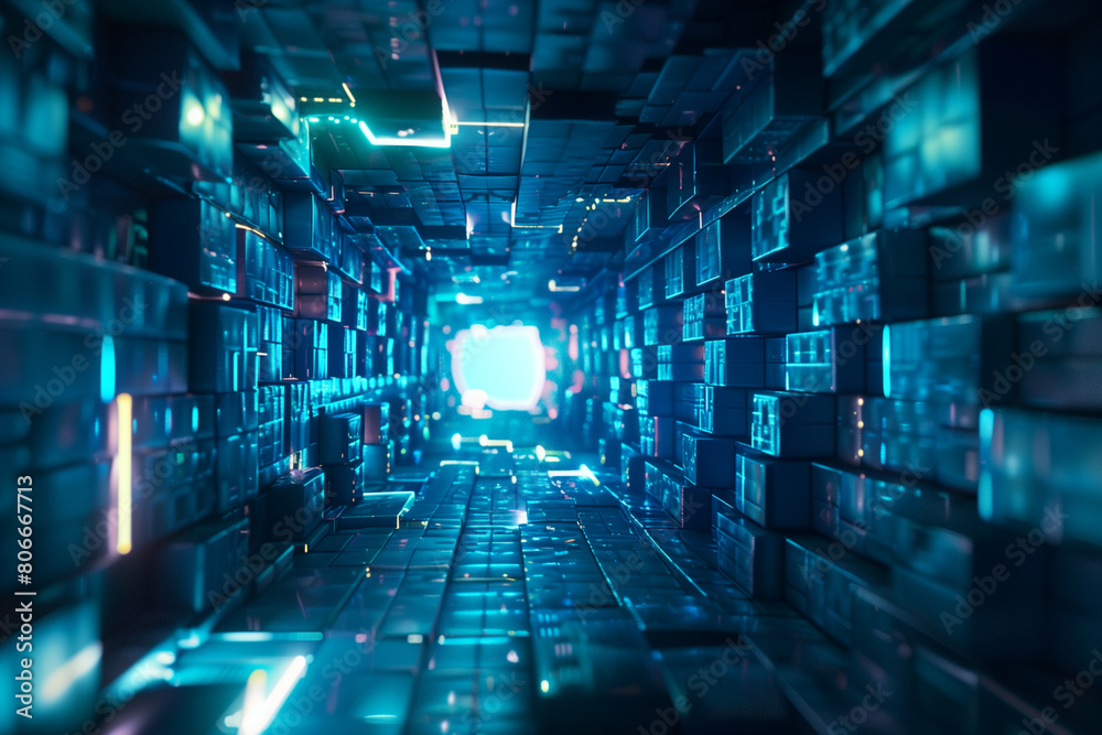 Fototapeta premium Abstract 3d futuristic glowing geometric tunnel background.