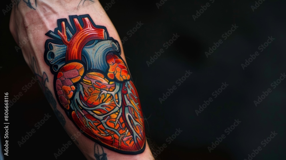 Vibrant and expressive heart tattoo, with deep colors and symbolic elements reflecting personal stories of love, isolated backdrop Vibrant and expressive heart tattoo, with deep colors and symbolic elements reflecting personal stories of love, isolated backdrop