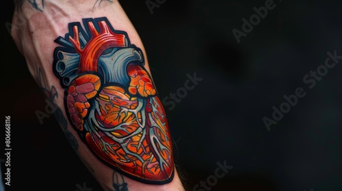 Vibrant and expressive heart tattoo, with deep colors and symbolic elements reflecting personal stories of love, isolated backdrop