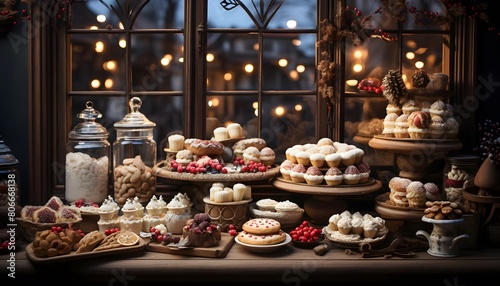 A lot of different cakes on the table in front of the window