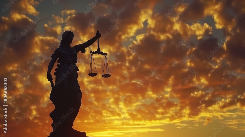 A silhouette of Lady Justice against a sunset sky, symbolizing the principles of fairness and impartiality in the legal system.