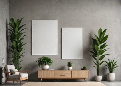 Modern living room interior with a blank poster on the wall  surrounded by indoor plants  photo-realistic style on a natural light background  concept of home decor