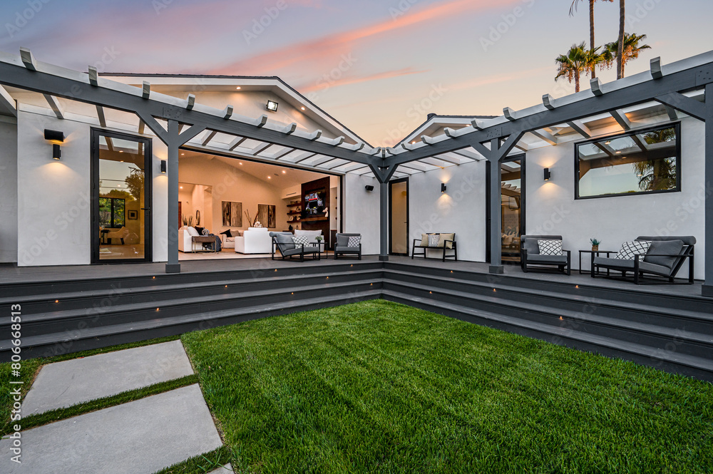 Outdoor seating area in a modern new construction home in Los Angeles