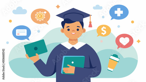 A student sharing their personal story and struggles with affording education on social media along with a link to their crowdfunding page.. Vector illustration photo