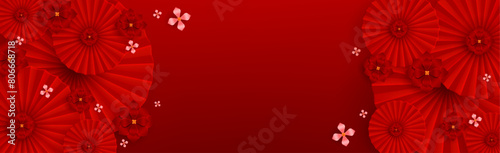 Red background with asian paper flowers. Vector realistic illustration of oriental style silky floral pattern on chinese new year poster template with blank space for text, greeting card backdrop