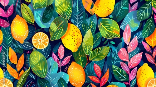 Fototapeta Naklejka Na Ścianę i Meble -  Orange and green lemon pattern illustration poster background