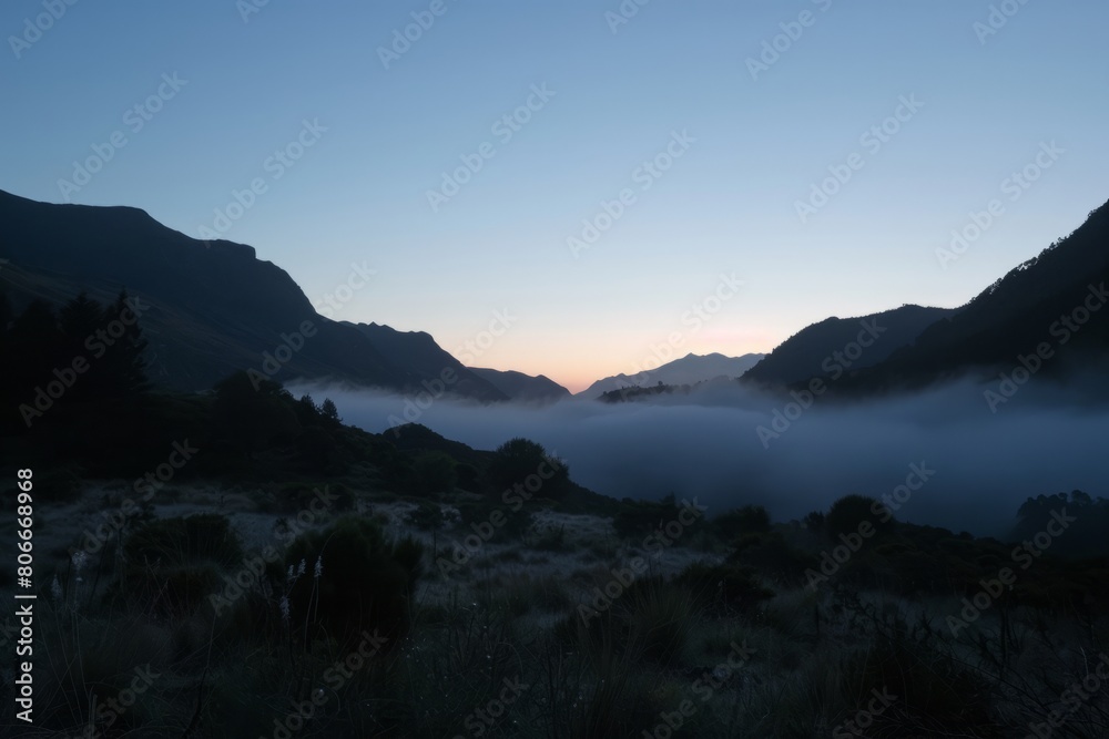 Explore the mystical atmosphere of dawn in a mist-shrouded valley, with mountains looming in the distance and the promise of a new day, Generative AI