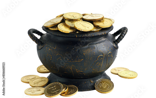 Patricks Isolated Stash of Coins on a White Background, Isolated Black Metal Pot Overflowing with Coins on White