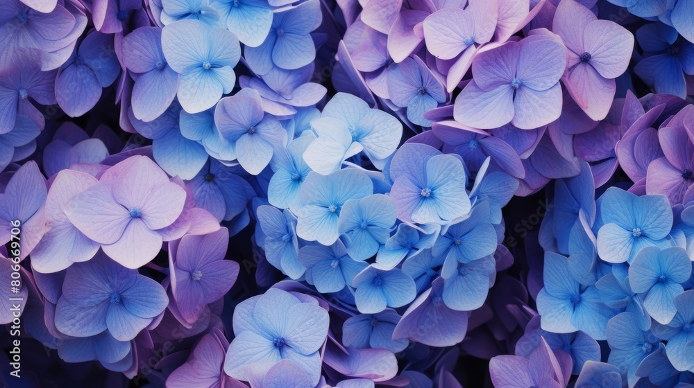 Selective focus on beautiful bush of blooming blue, purple Hydrangea or Hortensia flowers (Hydrangea macrophylla) and green leaves under the sunlight in summer. Natural background. Selective focus on beautiful bush of blooming blue, purple Hydrangea or Hortensia flowers (Hydrangea macrophylla) and green leaves under the sunlight in summer. Natural background.