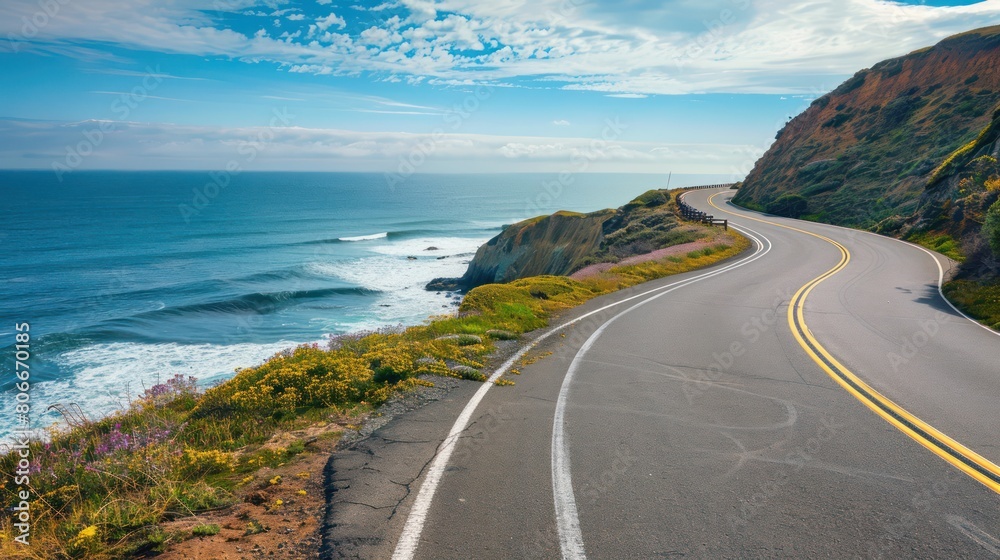 A scenic drive along a coastal highway with breathtaking ocean views, winding roads, and cliffsides dotted with wildflowers, capturing the freedom and adventure of summer road trips. 