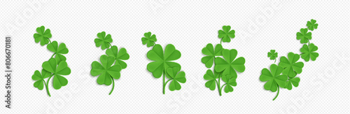 3d clover four leaf and shamrock on St Patrick day. Lucky 4 leaves grass plant for March spring design decoration. Various seasonal symbol clipart of Ireland culture and event celebration graphic.