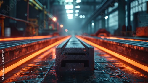 Industrial Rail Yard at Dusk with Ambient Lighting,Dramatic perspective of an industrial rail yard at dusk, highlighted by ambient lighting and detailed with heavy machinery and tracks.

 photo