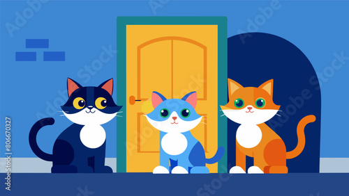 A mischief of three kittens take turns playfully peeking through the smart pet door waiting for their turn to be recognized and allowed inside.. Vector illustration