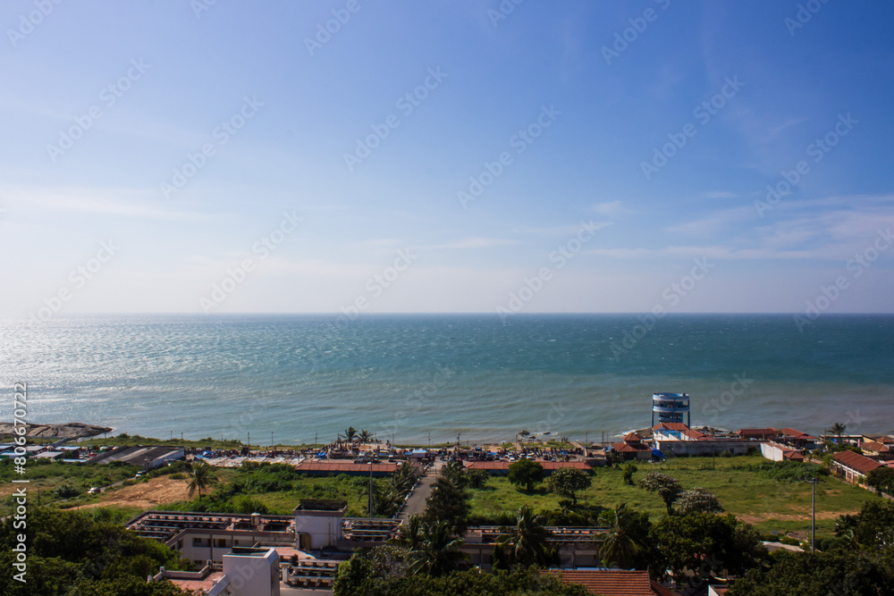 Beautiful landscape view of the sea and blue sky from the top at Kanyakumari, India. Ariel view of confluence of three seas.