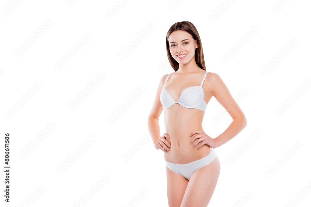 Ideal aesthetic perfection freshness vitality whitening rejuvenation clean clear augmentation concept. Portrait of thin skinny girl showing sporty body isolated on white background Ideal aesthetic perfection freshness vitality whitening rejuvenation clean clear augmentation concept. Portrait of thin skinny girl showing sporty body isolated on white background