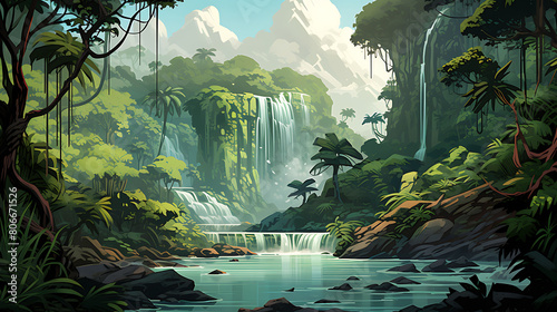 A vector representation of a waterfall in the jungle. photo