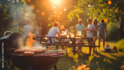 close up view of barbecued meat on table with people at house garden in background with blur effect , bbq party, food, happy vacation, summertime cookout, Backyard, family gathering, neighbors